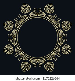 Golden vintage line art frame for design template. Element in Eastern style, barocco outline floral frame. Isolated ornate element, gold on black background. Elegant fashion lace