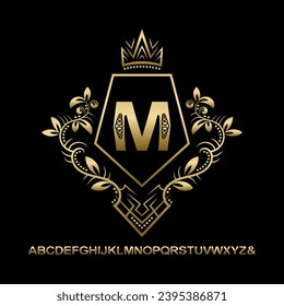 Golden vintage logo in monogram style and set of capital letters alphabet. Gold letter framed in patterned shield with crown on black.