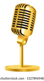 Golden vintage microphone, mic on a stand for stage live performance, studio recording and broadcasting. Music award or sound equipment. Graphic vector illustration, white background.