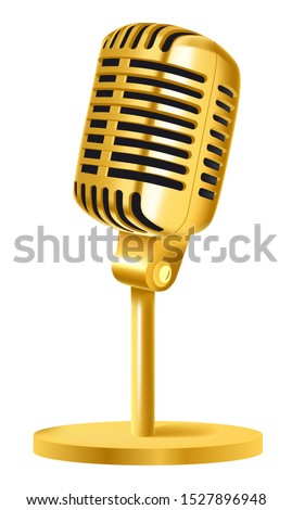 Golden vintage microphone, mic on a stand for stage live performance, studio recording and broadcasting. Music award or sound equipment. Graphic vector illustration, white background.