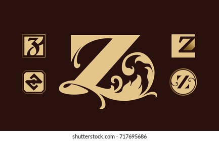 Golden vintage monograms set. Heraldic logos with letter Z.