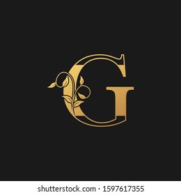 Golden Vintage Nature  Floral Leaves Letter G Logo Icon. Vintage  design concept classic vector nature leaves  with letter logo icon gold color.