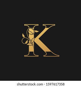 Golden Vintage Nature  Floral Leaves Letter K Logo Icon. Vintage  design concept classic vector nature leaves  with letter logo icon gold color.