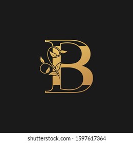 Golden Vintage Nature  Floral Leaves Letter B Logo Icon. Vintage  design concept classic vector nature leaves  with letter logo icon gold color.