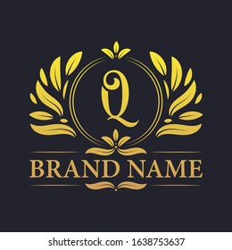 Golden vintage ornamental alphabet Q logo design. Luxurious golden elegant letter Q logo design template.