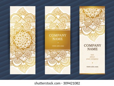 Golden vintage ornate cards. Outline floral decor. Golden flower. Template frame for save the date and greeting card, wedding invitation. Vector border with place for text. Easy to use, layered.