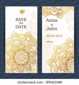 Golden vintage ornate cards. Outline floral decor. Golden flower. Template frame for save the date and greeting card, wedding invitation. Vector border with place for text. Easy to use, layered.