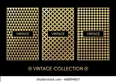 Golden vintage pattern on black background. Vector illustration for retro design. Gold abstract frame. Stylish decorative label set. Art decoration texture Linear elegant luxury foil Victorian fashion
