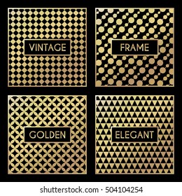 Golden vintage pattern on black background. Vector illustration for retro design. Gold abstract frame. Label set. Elegant luxury foil