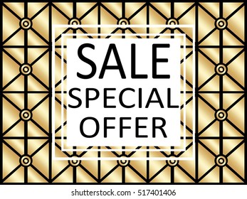 Golden vintage pattern on black background. Vector illustration for retro design. Gold abstract wallpaper. Elegant luxury art deco foil pattern. Sale. Special offer.