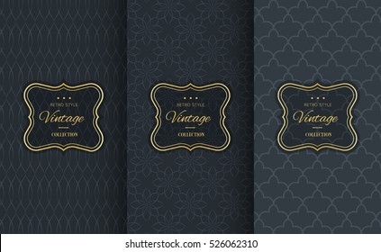 Golden vintage pattern on black background. Vector illustration for retro design. Gold abstract frame. Label set. Elegant luxury foil