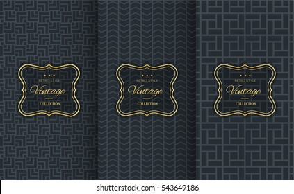 Golden vintage pattern on black background. Vector illustration for retro design. Gold abstract frame. Label set. Elegant luxury foil