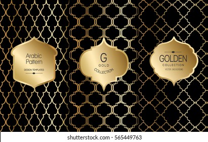 Golden vintage pattern on black background. Vector illustration. Gold abstract frame. Label set. Arabic pattern.