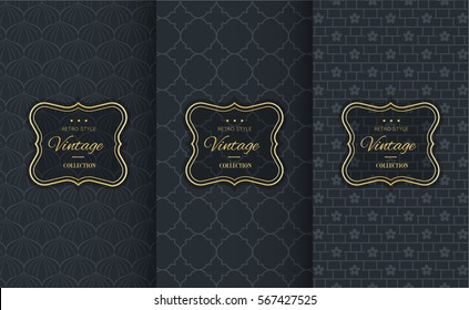 Golden vintage pattern on black background. Vector illustration for retro design. Gold abstract frame. Label set. Elegant luxury foil