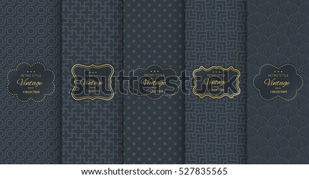 Golden vintage pattern on black background. Vector illustration for retro design. Gold abstract frame. Label set. Elegant luxury foil