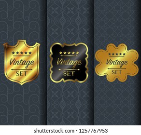 Golden vintage pattern on dark background. Vector illustration clip art. Golden abstract ornament. Set