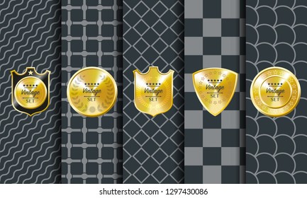 Golden vintage pattern on dark background. Vector illustration clip art. Golden abstract ornament. Set label