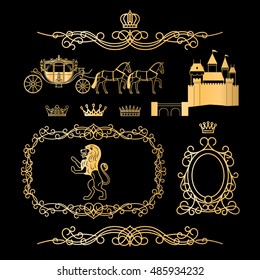 Golden vintage royal elements and princess decor elements in line style. Vintage royalty frame with crown, princess castle and royal lion. Vcetor illustration