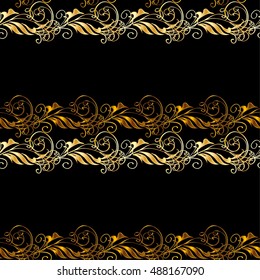 Golden vintage seamless pattern with lot of detailed flourish elements on black background. Row. Vector.