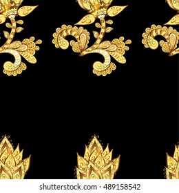 Golden vintage seamless pattern with lot of detailed flourish elements on black background. Row. Vector.