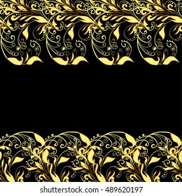 Golden vintage seamless pattern with lot of detailed flourish elements on black background. Row. Vector.