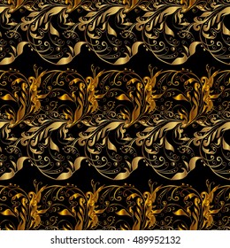 Golden vintage seamless pattern with lot of detailed flourish elements on black background. Row. Vector.
