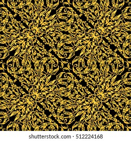 Golden vintage seamless pattern with lot of detailed elements on black background. Luxury pattern for invitation, greeting cards, banners, backgrounds.