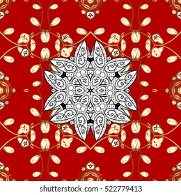 Golden vintage seamless pattern with lot of detailed elements on red background.