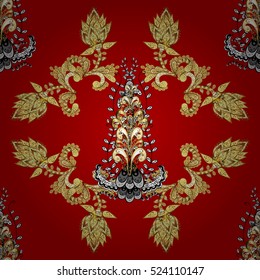 Golden vintage seamless pattern with lot of detailed elements on red background.
