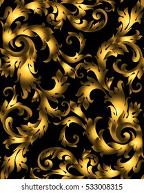 Golden vintage seamless pattern with lot of detailed elements on black background