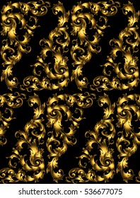 Golden vintage seamless pattern with lot of detailed elements on black background