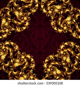 Golden vintage seamless pattern with lot of detailed elements on dark royal red background