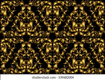 Golden vintage seamless pattern with lot of detailed elements on black background