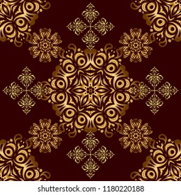 Golden vintage seamless pattern on a brown background. Abstract vector golden texture. Low poly gold pattern illustration.