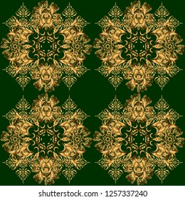 Golden vintage seamless pattern on a green background. Abstract vector golden texture. Low poly gold pattern illustration.