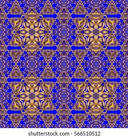 Golden vintage seamless pattern on a blue background. Abstract vector golden texture. Low poly gold pattern illustration.