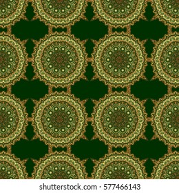 Golden vintage seamless pattern on a green background. Abstract vector golden texture. Low poly gold pattern illustration.