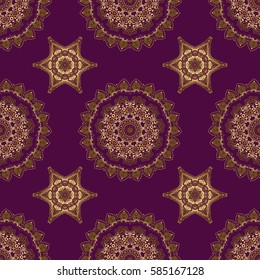 Golden vintage seamless pattern on a purple background. Abstract vector golden texture. Low poly gold pattern illustration.