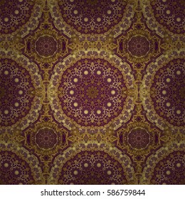 Golden vintage seamless pattern on a purple background. Abstract vector golden texture. Low poly gold pattern illustration.