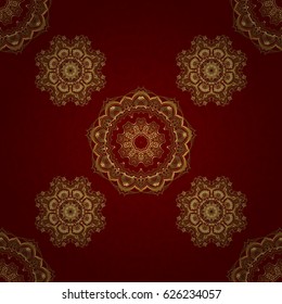 Golden vintage seamless pattern on a red background. Abstract vector golden texture. Low poly gold pattern illustration.