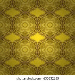 Golden vintage seamless pattern on a yellow background. Abstract vector golden texture. Low poly gold pattern illustration.