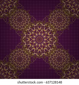Golden vintage seamless pattern on a purple background. Abstract vector golden texture. Low poly gold pattern illustration.