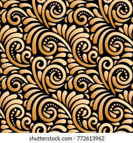 Golden vintage seamless pattern on black background. Frosty pattern imitation.