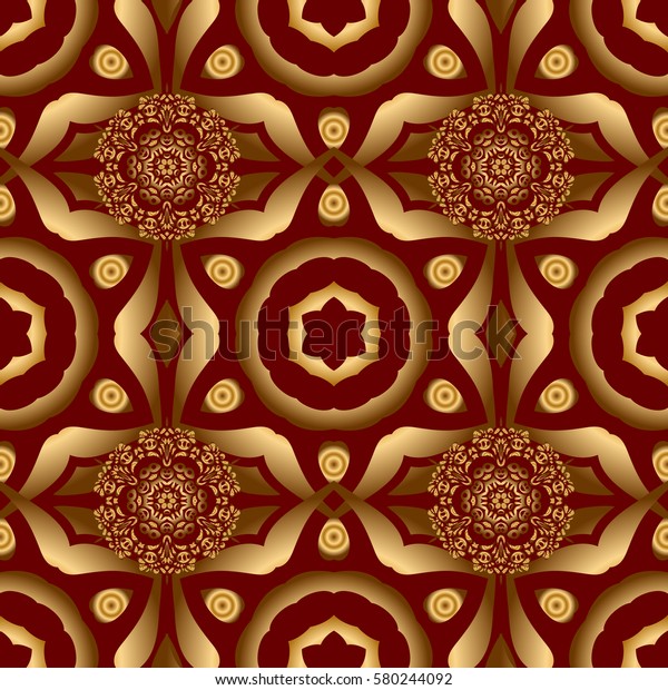 Golden vintage seamless pattern on a red\
background. Abstract vector golden texture. Low poly gold pattern\
illustration.