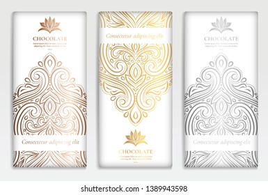 Golden vintage set of chocolate bar packaging design. Vector luxury template with ornament elements. Can be used for background and wallpaper. Great for food and drink package types.