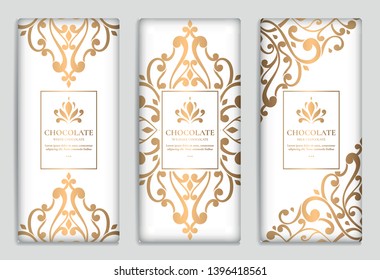 Golden vintage set of chocolate bar packaging design. Vector luxury template with ornament elements. Can be used for background and wallpaper. Great for food and drink package types.
