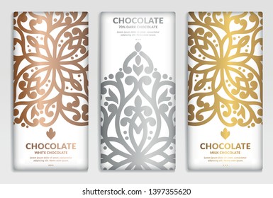 Golden vintage set of chocolate bar packaging design. Vector luxury template with ornament elements. Can be used for background and wallpaper. Great for food and drink package types.