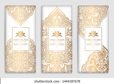 Golden vintage set of chocolate bar packaging design. Vector luxury template with ornament elements. Can be used for background and wallpaper. Great for food and drink package types.