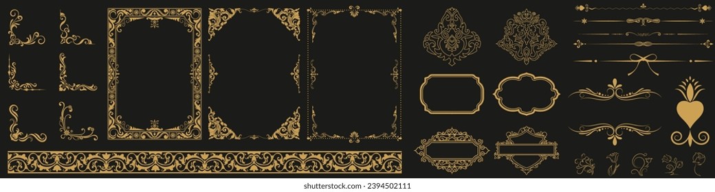 Golden vintage set includes decorative paper frames, text boxes and scrolling floral borders using rose gold line design with vintage corner tapestry borders.