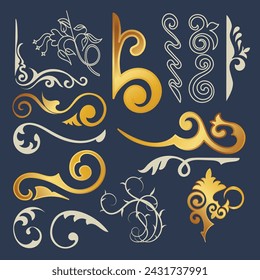 Golden vintage set includes decorative paper frames, text boxes and scrolling floral borders using rose gold line design with vintage corner tapestry borders.